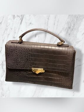 Kate Landry Croc-Embossed Top Handle Bag in Black with Gold Hardware